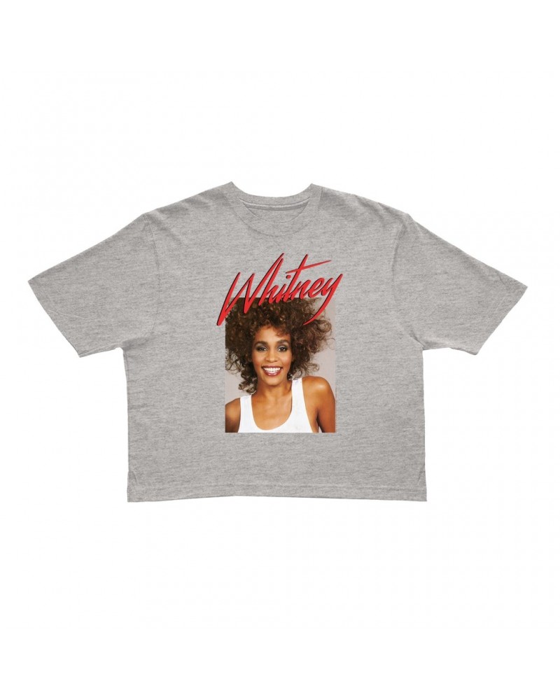 Whitney Houston Ladies' Crop Tee | 1987 Photo And Red Logo Image Crop T-shirt $5.64 Shirts