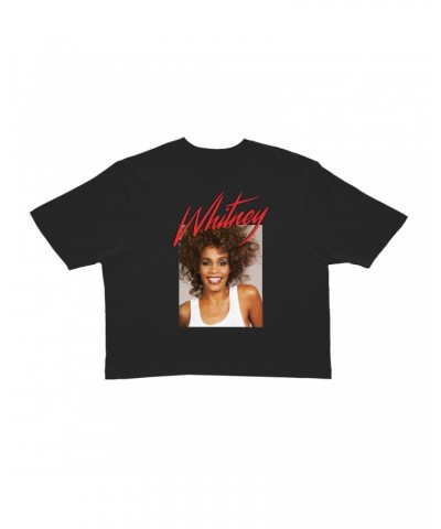 Whitney Houston Ladies' Crop Tee | 1987 Photo And Red Logo Image Crop T-shirt $5.64 Shirts