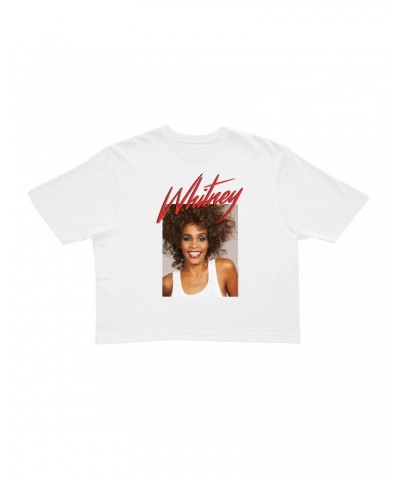 Whitney Houston Ladies' Crop Tee | 1987 Photo And Red Logo Image Crop T-shirt $5.64 Shirts