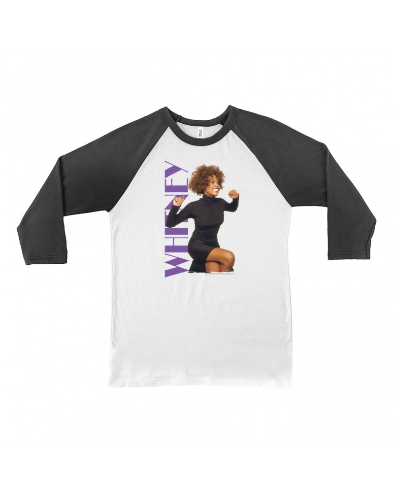 Whitney Houston 3/4 Sleeve Baseball Tee | Whitney Photo And Purple Logo Image Shirt $10.53 Shirts