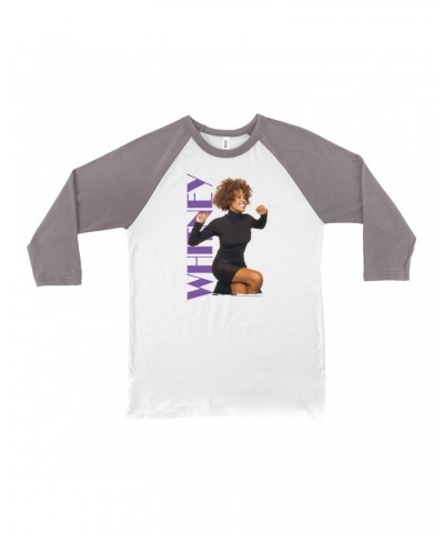 Whitney Houston 3/4 Sleeve Baseball Tee | Whitney Photo And Purple Logo Image Shirt $10.53 Shirts