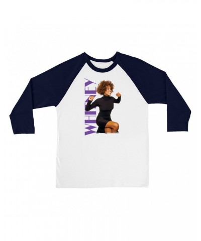 Whitney Houston 3/4 Sleeve Baseball Tee | Whitney Photo And Purple Logo Image Shirt $10.53 Shirts